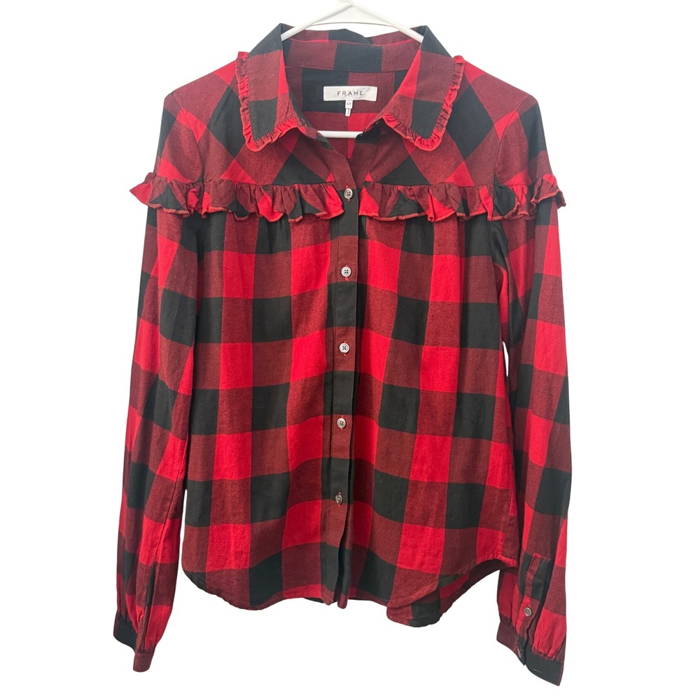 FRAME Hunter Red Multi Buffalo Plaid Ruffle Trim Cotton Button Down Shirt S